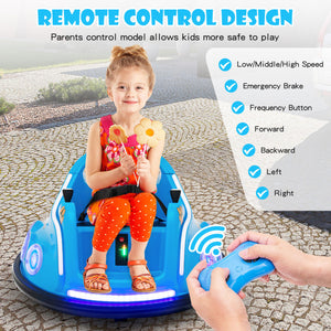 Child sitting in a blue toy car with remote control and safety features displayed.