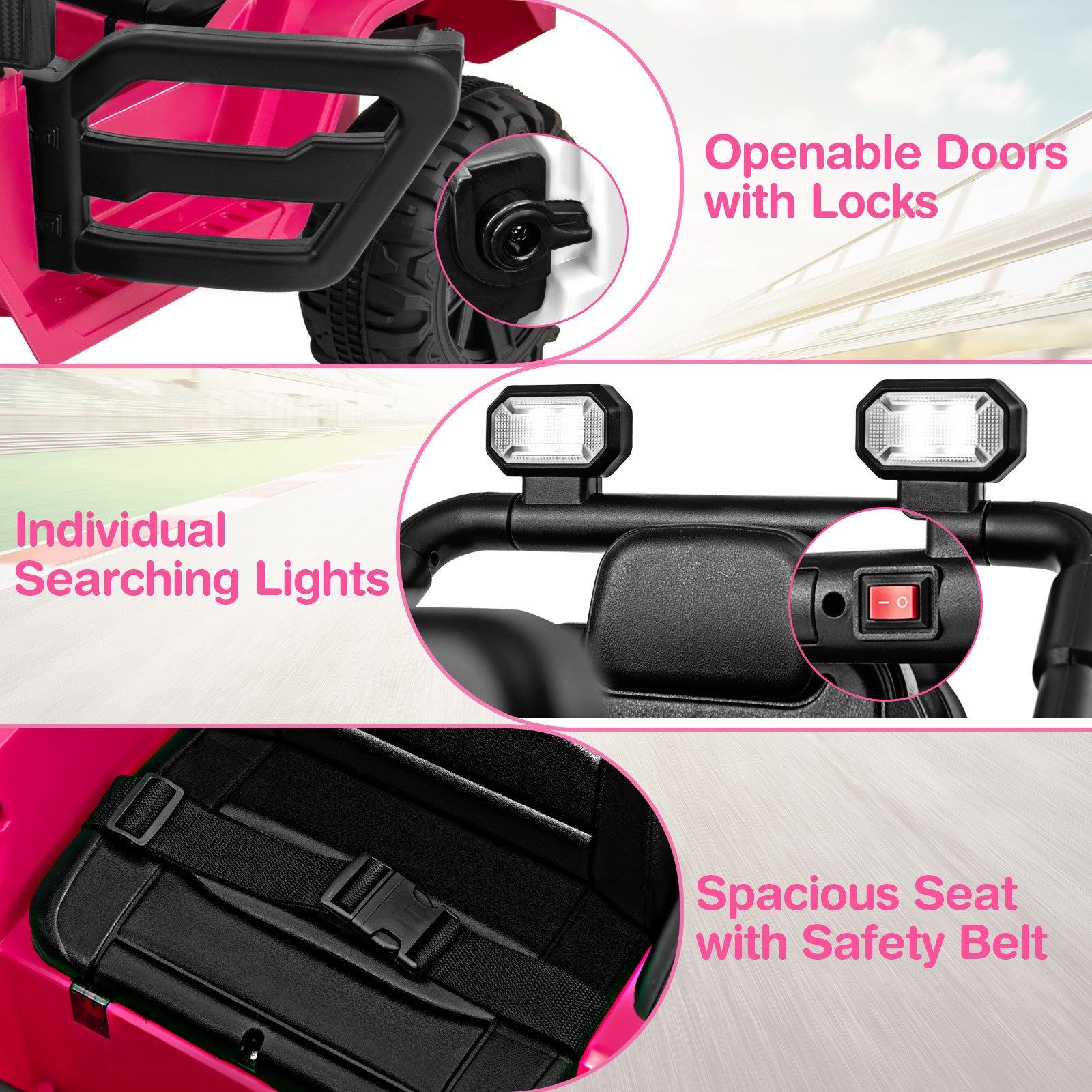 Collage of features including openable doors with locks, individual searching lights, and a spacious seat with safety belt on a pink toy vehicle.