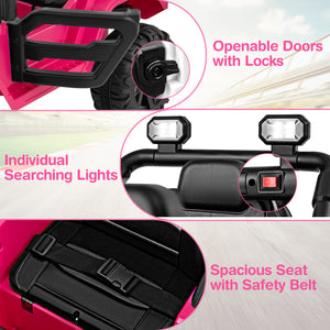 Collage of features including openable doors with locks, individual searching lights, and a spacious seat with safety belt on a pink toy vehicle.