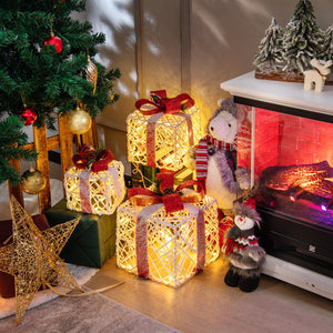 Set of 3 Lighted Christmas Gift Box Decorations with Red Bows for Holiday Decor