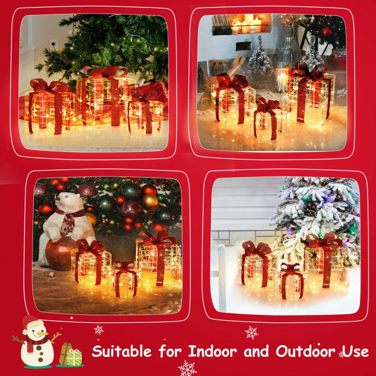 Set of 3 Lighted Christmas Gift Boxes with 60 LED Lights for Indoor and Outdoor Decor