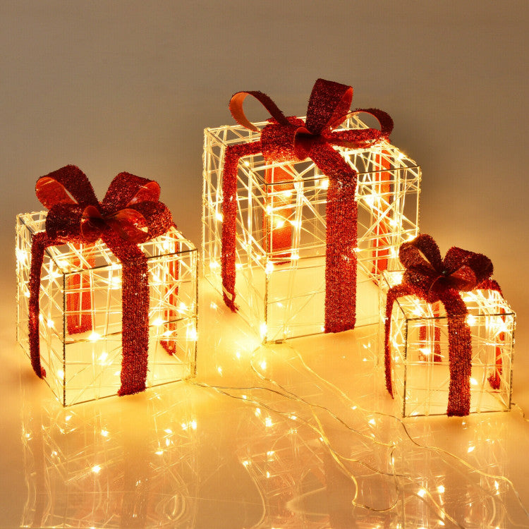 Set of 3 Lighted Christmas Gift Boxes with 60 LED Lights for Indoor and Outdoor Decor