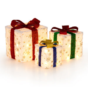 Set of 3 Pre-Lit Christmas Gift Boxes with 48 Warm Lights – Festive Holiday Decor