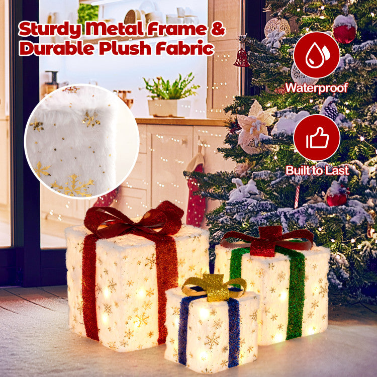 Set of 3 Pre-Lit Christmas Gift Boxes with 48 Warm Lights – Festive Holiday Decor