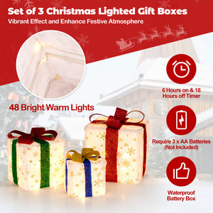 Set of 3 Pre-Lit Christmas Gift Boxes with 48 Warm Lights – Festive Holiday Decor