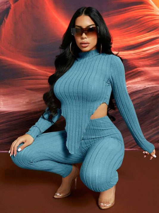 Sexy Solid Rib-knit Asymmetrical Women Hem Tee and Leggings Set