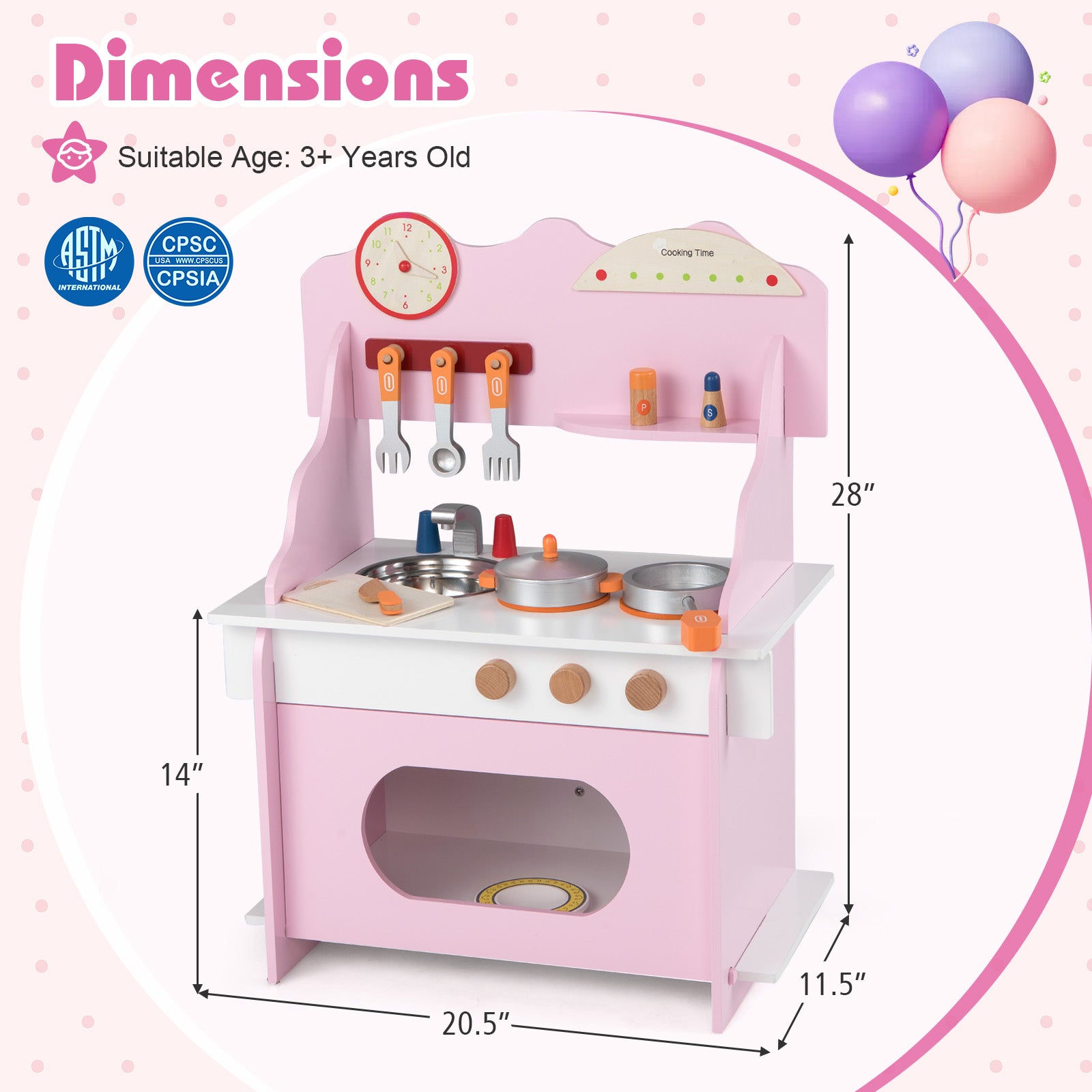 Pink toy kitchen set with dimensions and safety certification logos on a pink background