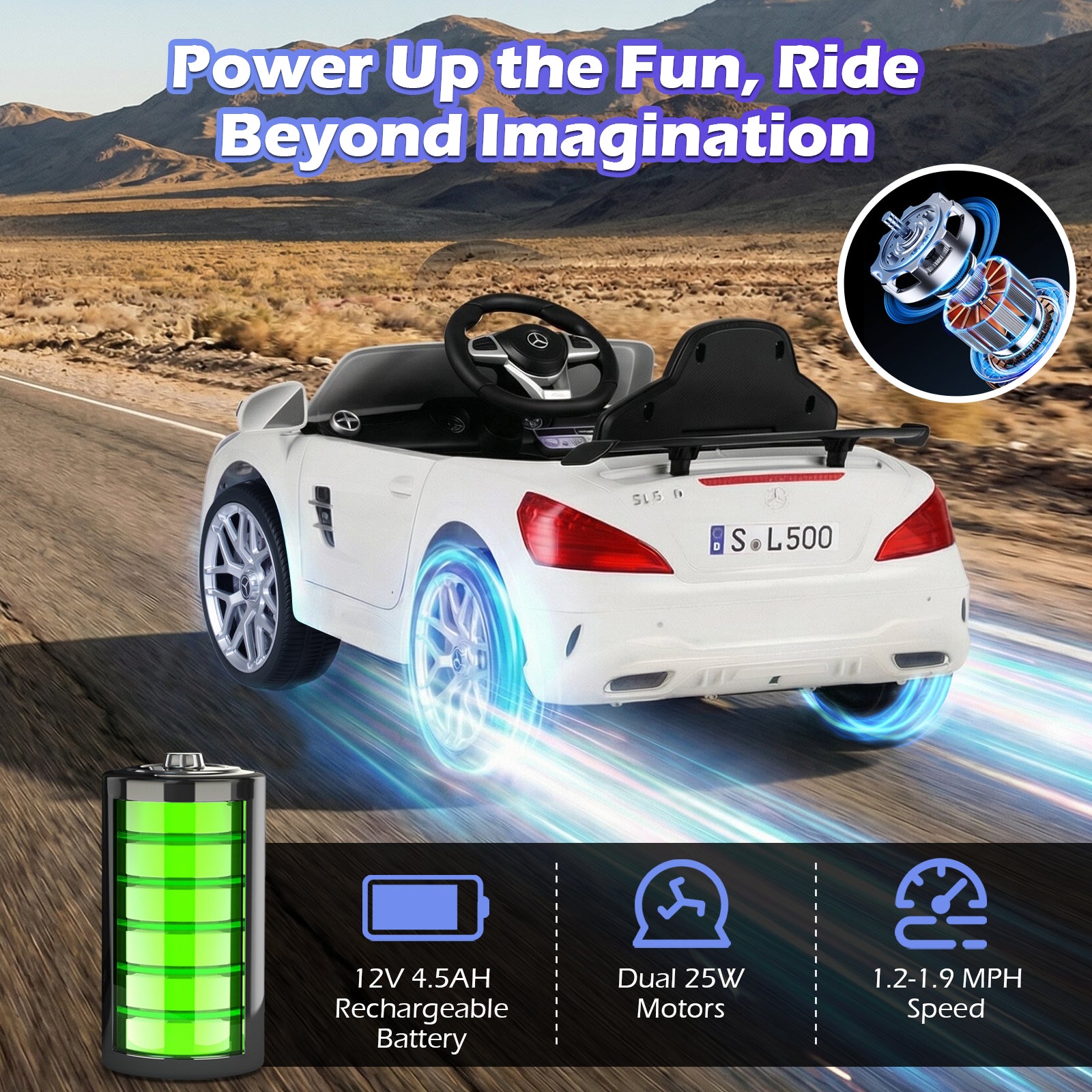 Children's electric car with glowing wheels on a desert road, featuring text and graphics about power and speed.