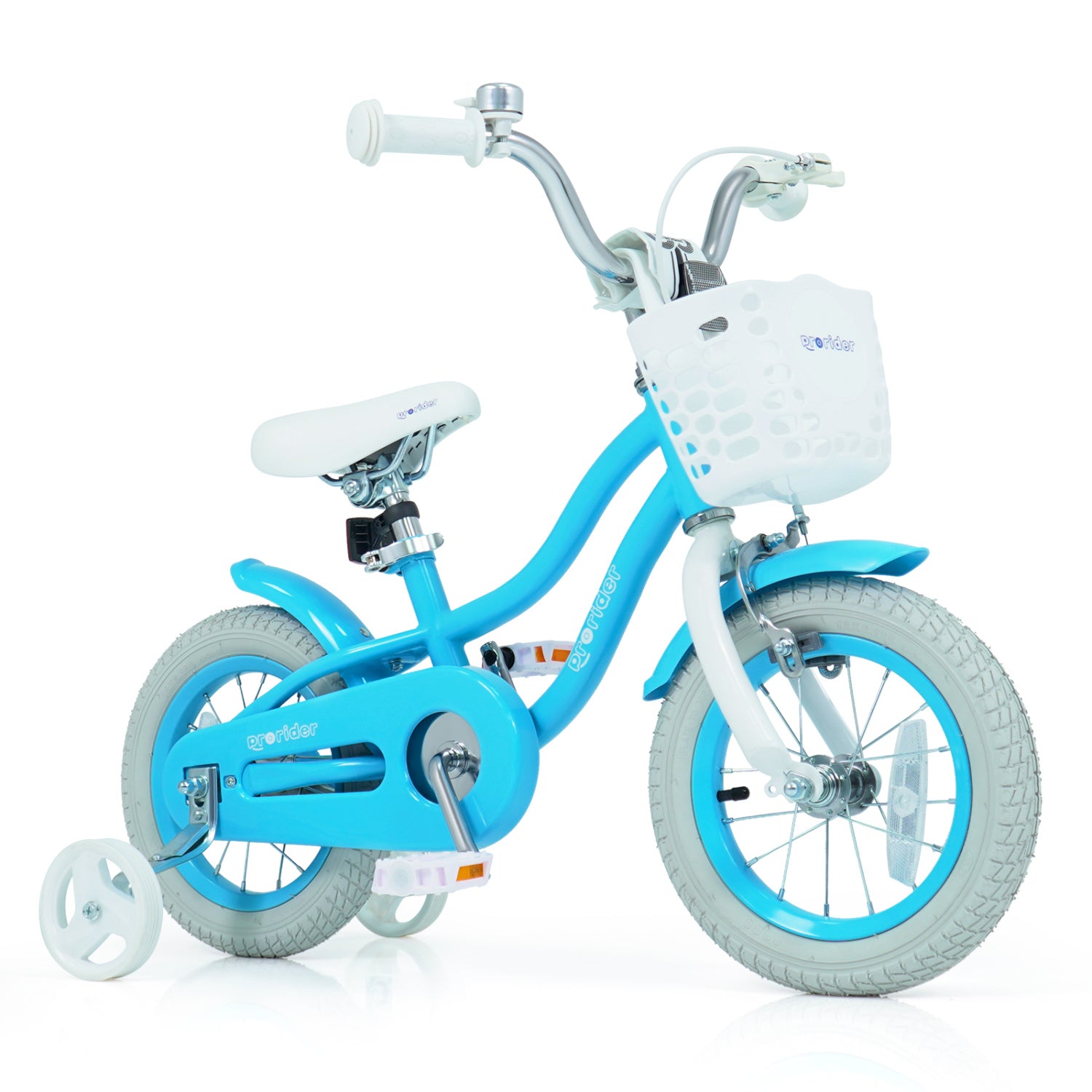 Blue children's bicycle with training wheels on a white background