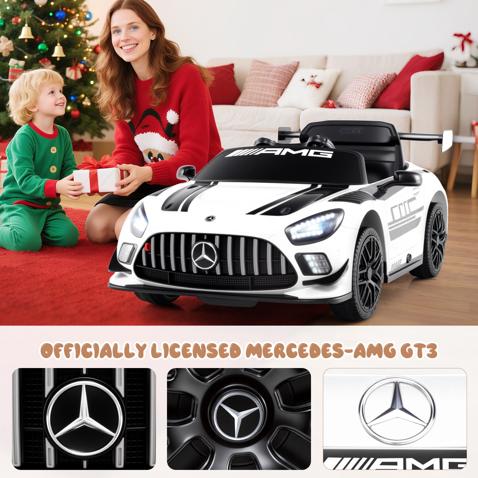 Woman and child in festive clothing with a toy Mercedes-Benz car in a decorated living room.