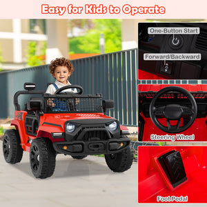 Red toy jeep with a child, highlighting features like steering wheel and foot pedal, with text 'Easy for Kids to Operate'.