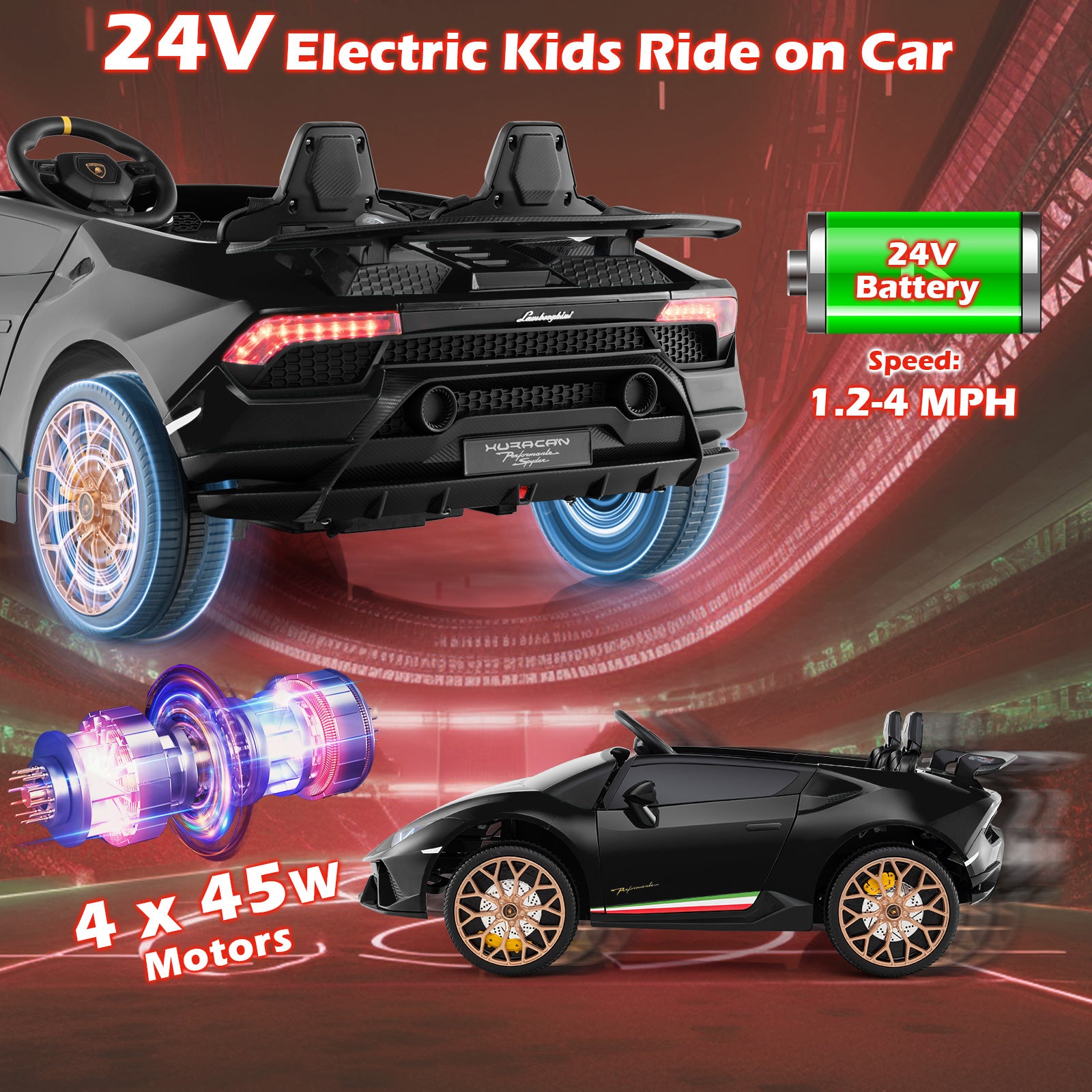Black electric kids ride-on car with 24V battery and 4x45W motors on a red and black background.