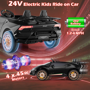 Black electric kids ride-on car with 24V battery and 4x45W motors on a red and black background.