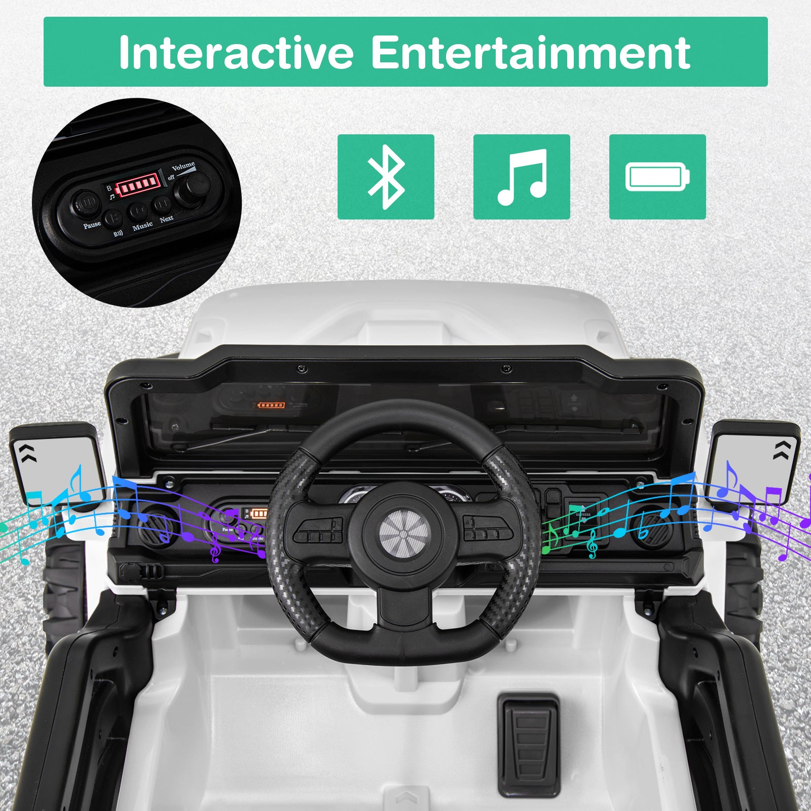 Children's toy car with steering wheel, dashboard, and Bluetooth music system on a light gray background.