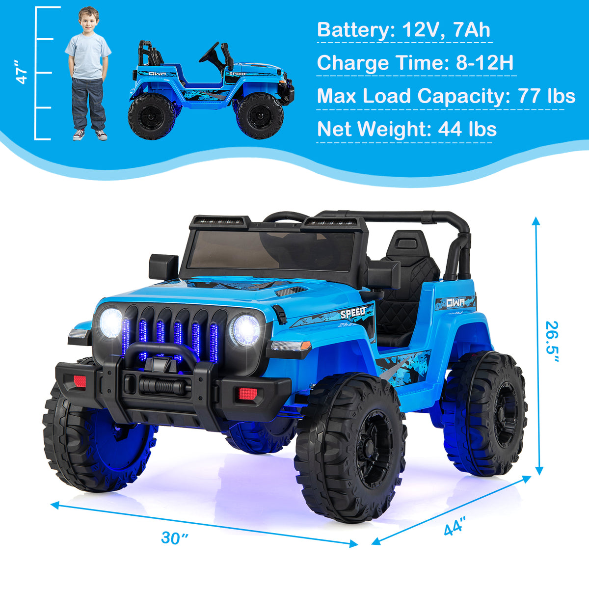 Blue toy jeep with specifications on a white background