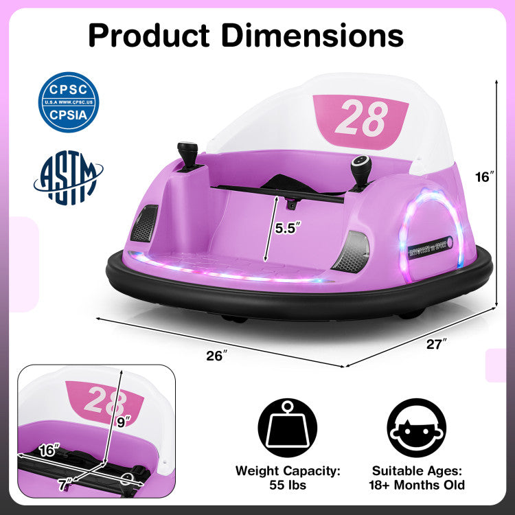 Purple children's bumper car with dimensions and safety certification logos on a pink background
