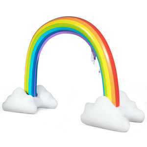 Side view showing hose connection on inflatable rainbow sprinkler toy.