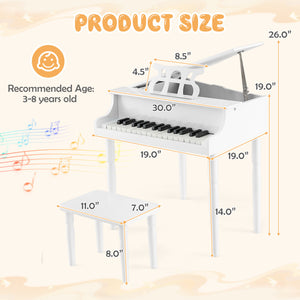 30-Key Wooden Toy Grand Piano for Kids with Bench and Music Rack