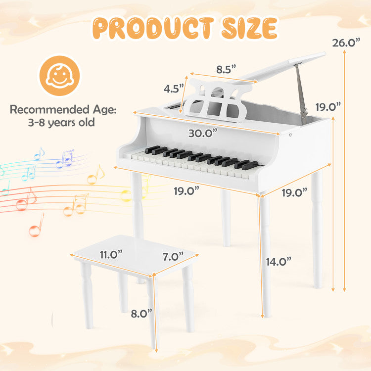 30-Key Wooden Toy Grand Piano for Kids with Bench and Music Rack