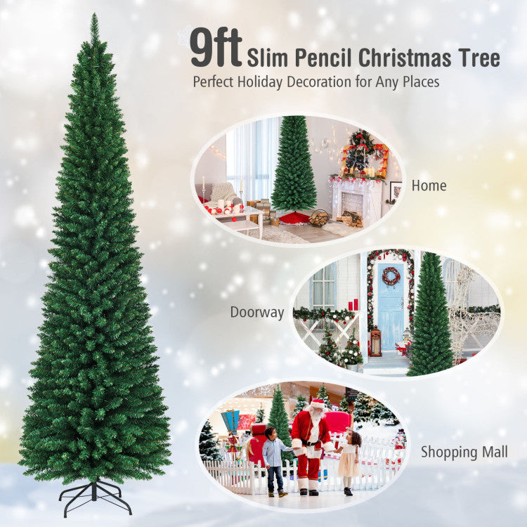 Slim Pencil Artificial Christmas Tree - 5/6/7/8/9 Ft PVC with Sturdy Metal Stand