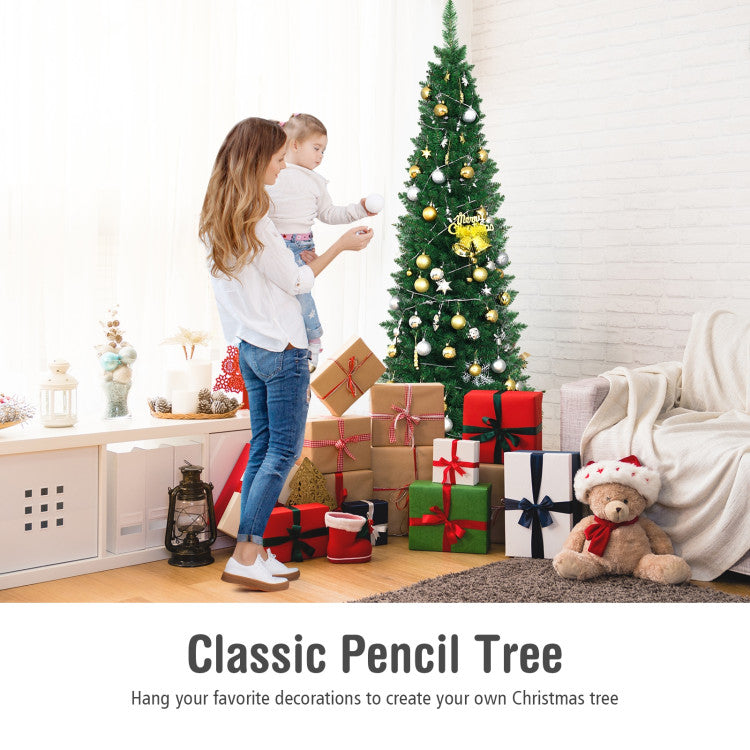 Slim Pencil Artificial Christmas Tree - 5/6/7/8/9 Ft PVC with Sturdy Metal Stand