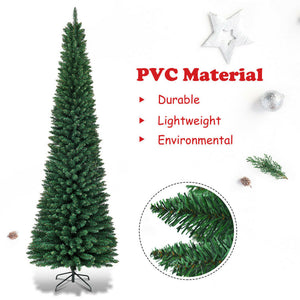 Slim Pencil Artificial Christmas Tree - 5/6/7/8/9 Ft PVC with Sturdy Metal Stand