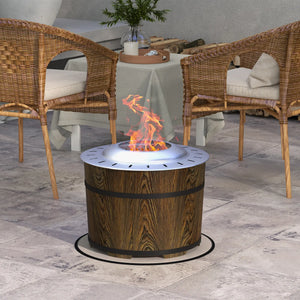 Wooden fire pit table with flames in an outdoor setting with wicker chairs and a tablecloth.