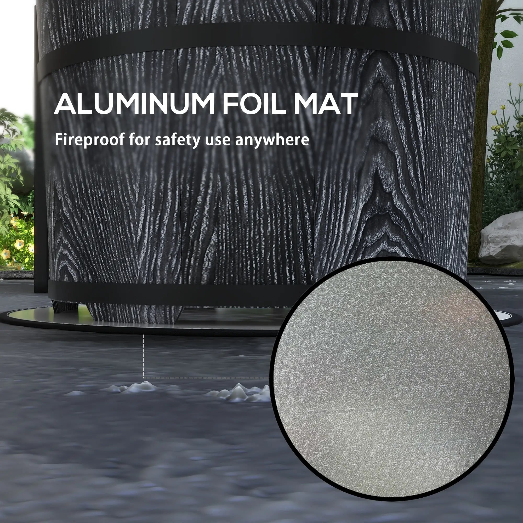 Aluminum foil mat with fireproof feature, shown on a stand with a close-up of the material.