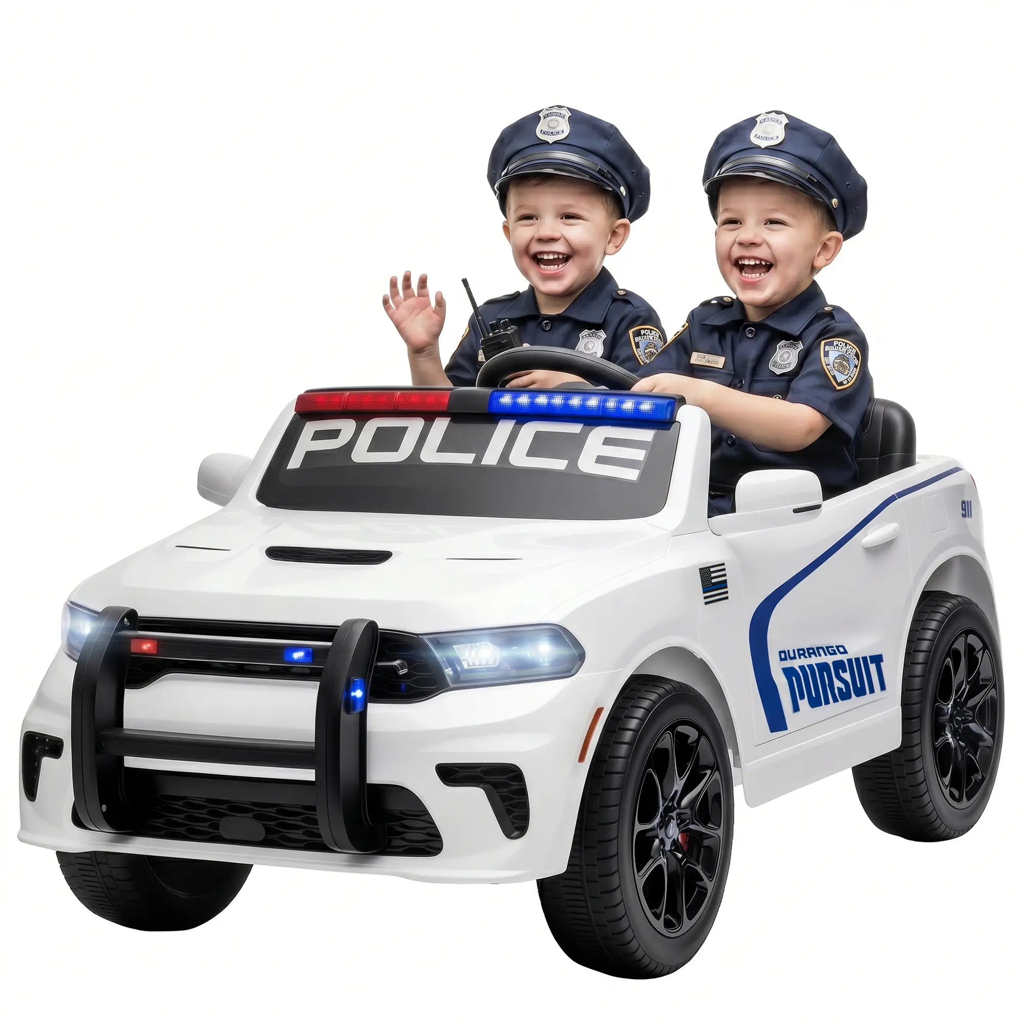 A white police-themed ride-on toy car with blue and red light accents, driven by two young children dressed in police uniforms against a plain white background.