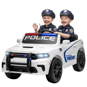 A white police-themed ride-on toy car with blue and red light accents, driven by two young children dressed in police uniforms against a plain white background.