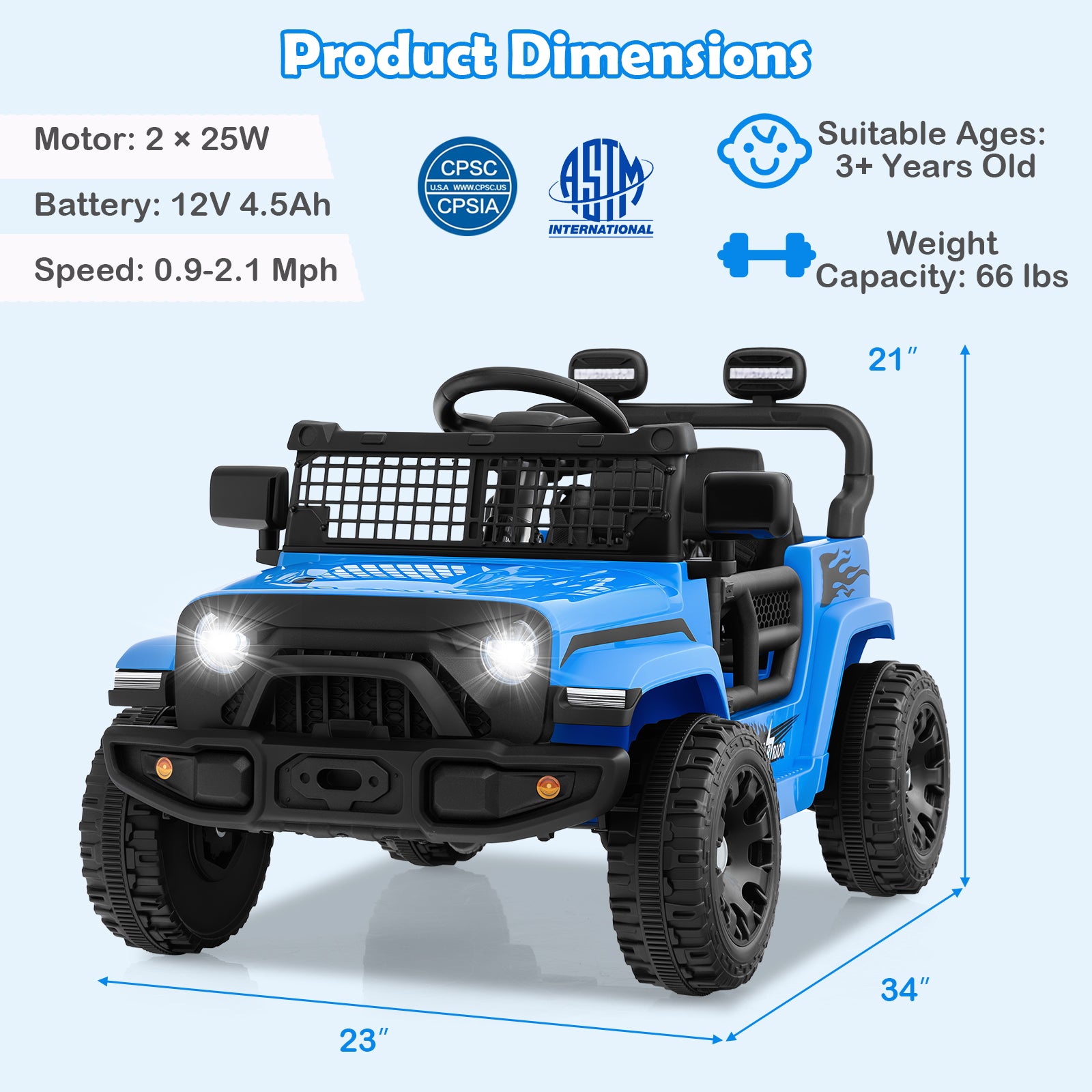 Blue toy truck with product dimensions and safety certification logos on a light blue background