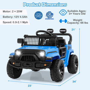 Blue toy truck with product dimensions and safety certification logos on a light blue background