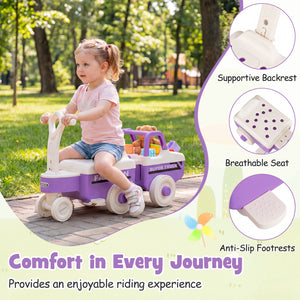 Child riding a purple toy car with comfort features highlighted, outdoors.