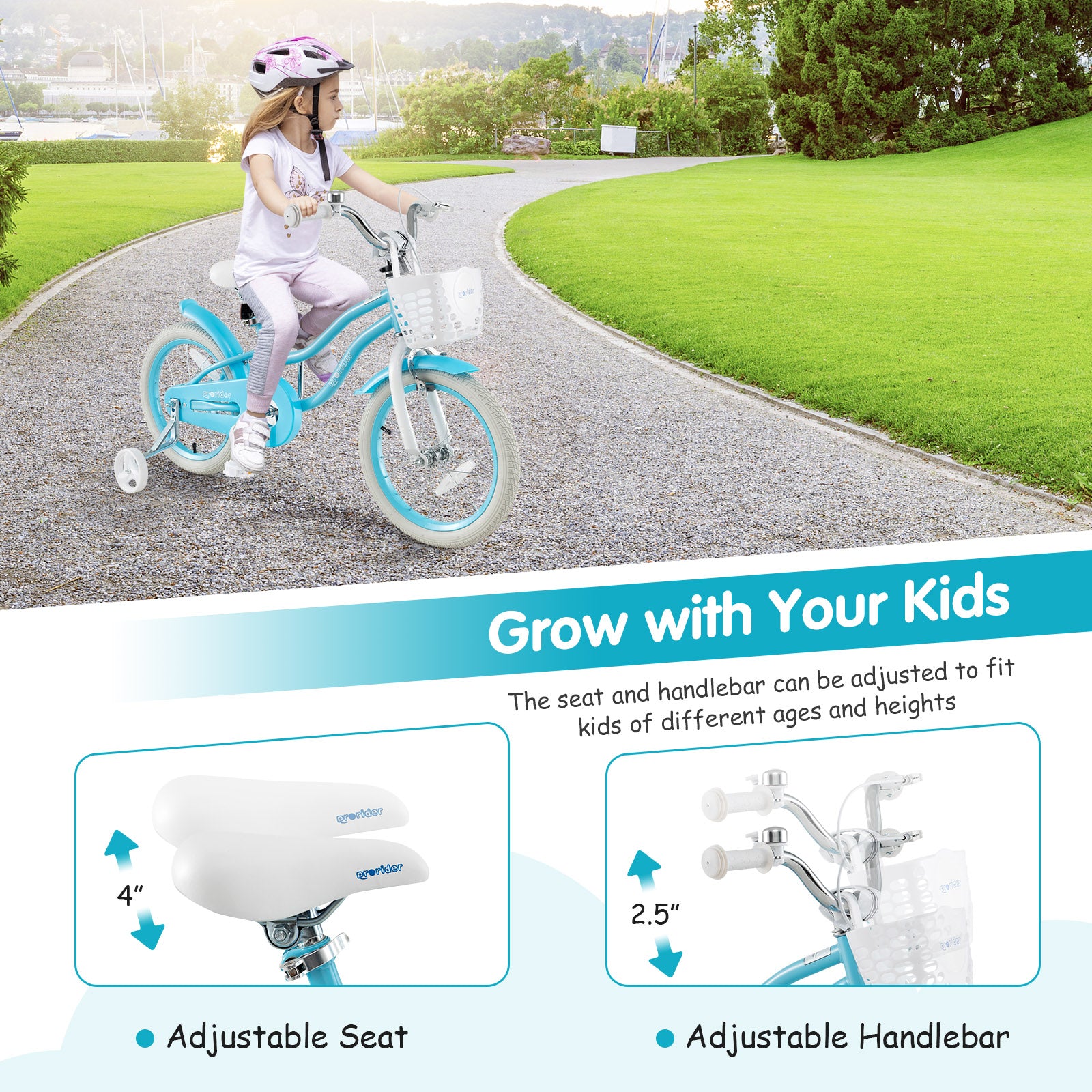 Child riding a blue bicycle with training wheels on a path, with text about adjustable seat and handlebar.