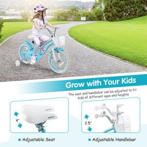 Child riding a blue bicycle with training wheels on a path, with text about adjustable seat and handlebar.