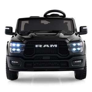 Black toy truck with RAM branding on a white background