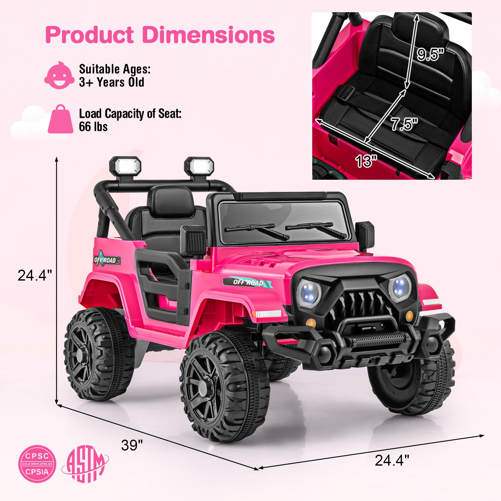 Pink toy jeep with dimensions and product details on a light pink background