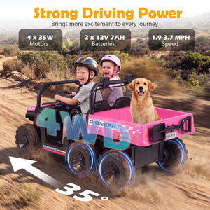 Children and a dog in a toy off-road vehicle with specifications displayed.