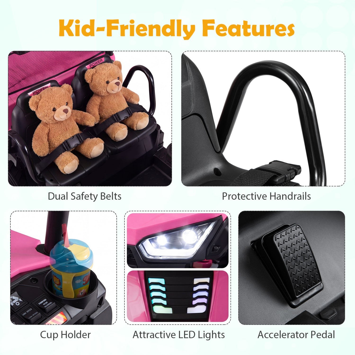 Child safety seat with various features highlighted, including dual safety belts, protective handrails, cup holder, LED lights, and accelerator pedal.