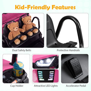 Child safety seat with various features highlighted, including dual safety belts, protective handrails, cup holder, LED lights, and accelerator pedal.