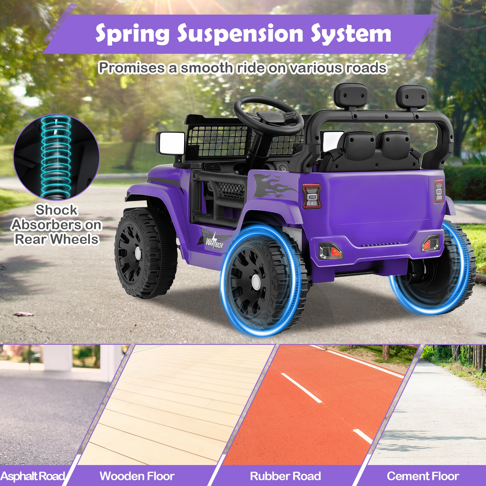 Purple toy jeep with spring suspension system features on a road surface.