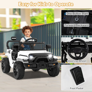 Children's electric toy car with features like one-button start, steering wheel, and foot pedal, set against a blurred outdoor background.