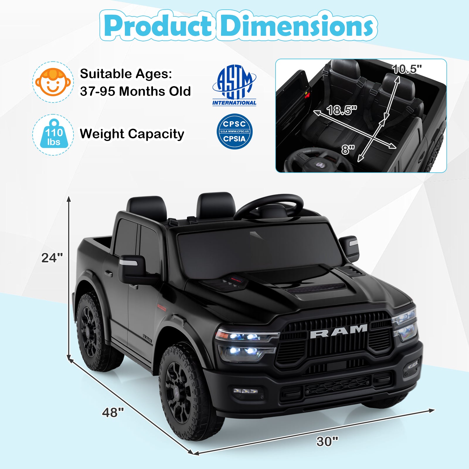 Black toy truck with dimensions and safety certification logos on a light blue background
