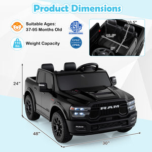 Black toy truck with dimensions and safety certification logos on a light blue background