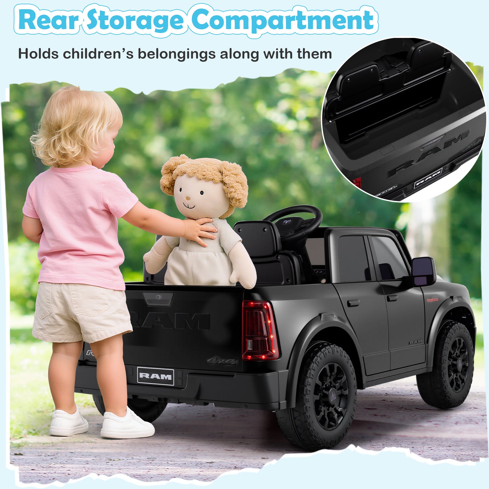 Child with a toy truck and plush toy, highlighting the rear storage compartment.