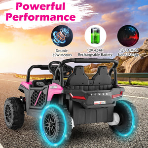 Children's off-road vehicle with power performance features displayed on a scenic background