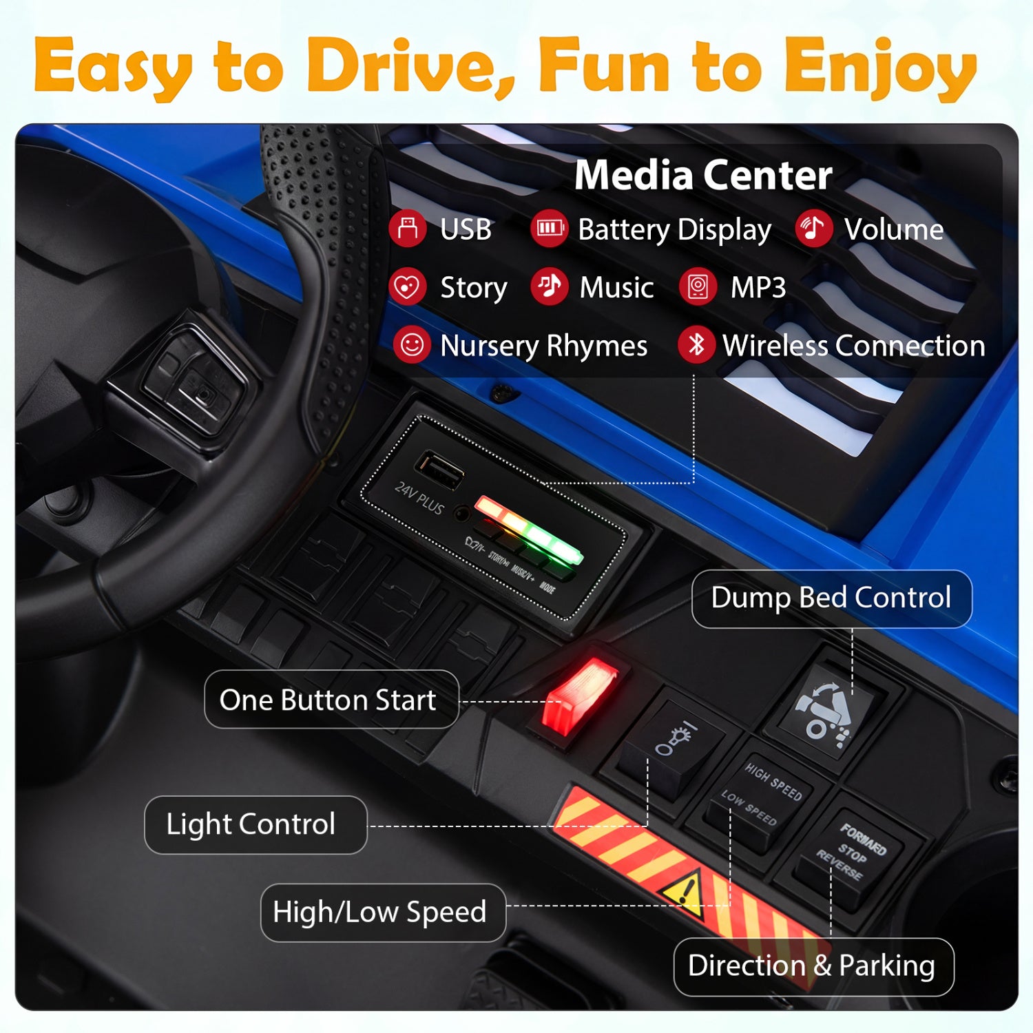 Control panel of a toy vehicle with various buttons and displays.