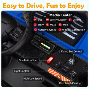 Control panel of a toy vehicle with various buttons and displays.