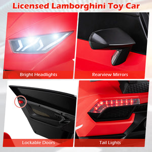 Collage of a licensed Lamborghini toy car features including bright headlights, rearview mirrors, lockable doors, and tail lights.