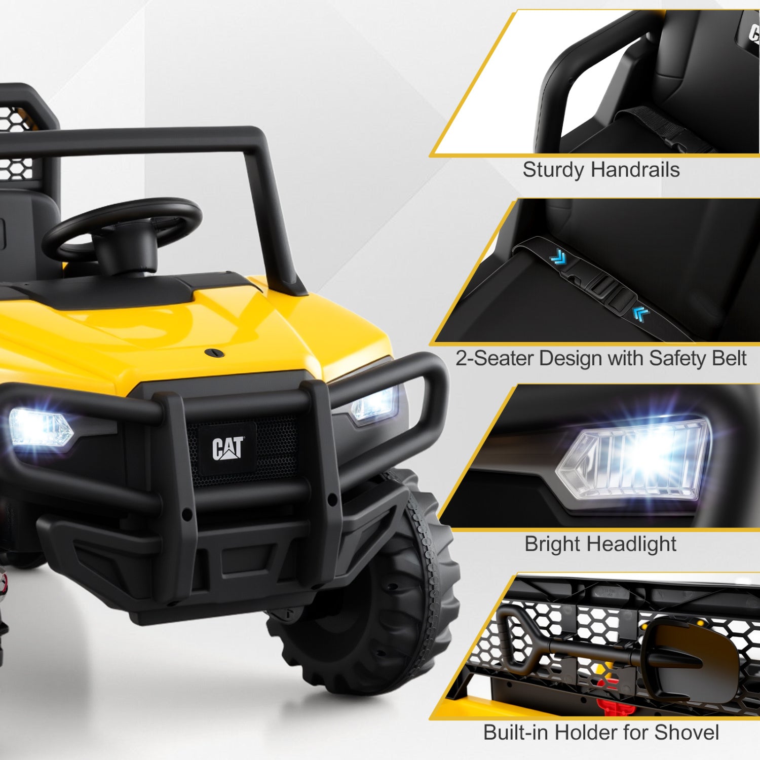 Yellow and black toy off-road vehicle with features highlighted on a white background